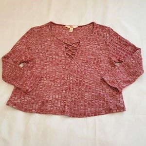 Miami Sweater 3/4 Sleeve Lace Neck Crop Top Red White Medium M